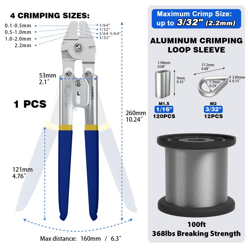 Sanuke Wire Rope Crimping Swaging Tool Cable Crimps up to 2.2mm(2/32inch) with 160pcs 4sizes Aluminum Double Barrel Ferrule Loop Sleeve and 10pcs Stainless Steel Thimble Assortment Kit - Image 2